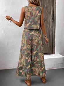 EMERY ROSE Conjunto de 2 piezas estilo bohemio con top corto de cuello redondo con estampado vintage y pantalones de pierna ancha, conjunto informal de playa y vacaciones de verano para mujer