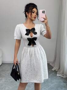 Chiquease Nuevo vestido-jersey de felpa con lazo, diseño francés dulce y romántico de lunares, para primavera/verano para mujeres