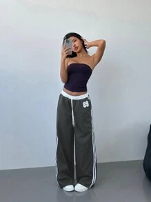 Aloruh Women's Sports Style Striped Contrast Print Low-Waist Straight Leg Tie Pants - Dark Grey - View 3