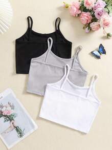 SHEIN 3pcs Tween Girl Summer Comfort Cute Camisole Top With Bow Decor, Available In Black, White And Gray For Spring - Multicolor - View 2