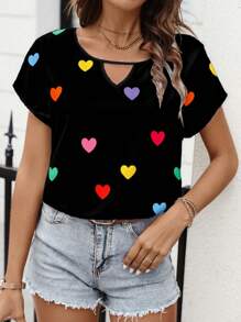 SHEIN LUNE Casual Minimalist Heart Print Raglan Shirt For Women, Suitable For Spring/Summer For Valentine's Day Chic Blouses For Women,Casual - Multicolor - View 4