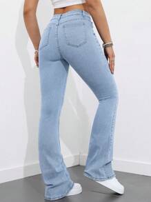 SHEIN 女式喇叭牛仔裤，带口袋，保暖内衬休闲裤 - 淺色水洗藍 - 查看 3