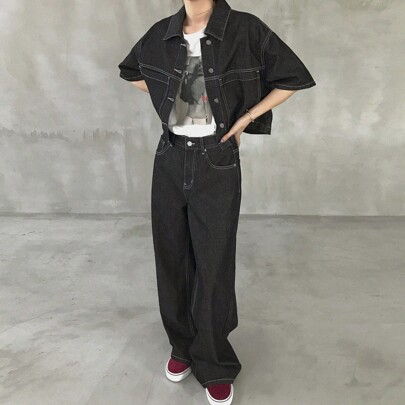 여성용 2피스 그레이 데님 세트: 데님 재킷 + 데님 바지