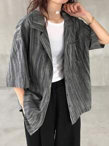 FRIFUL 女士灰色宽松全印花休闲衬衫，夏季上衣 - 灰色 - 查看 4