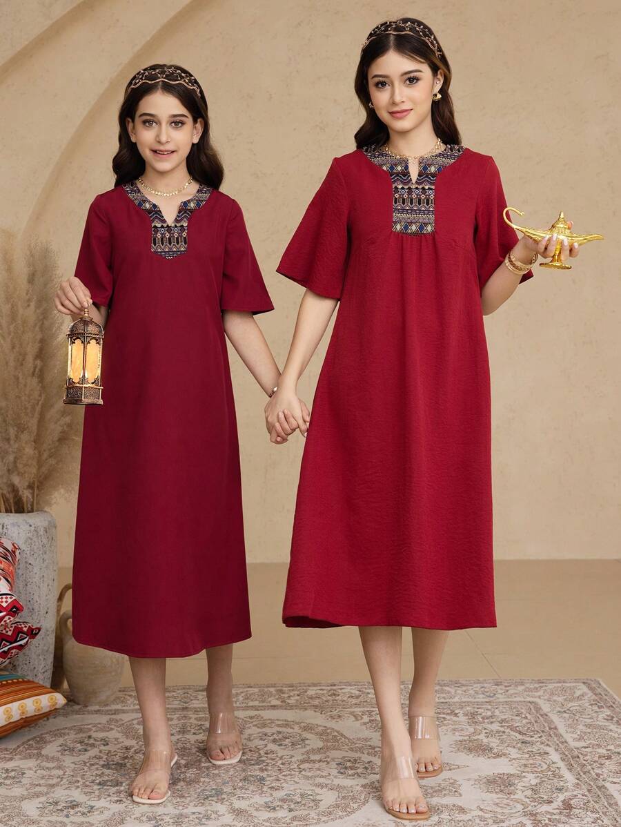 SHEIN Tween Girl Solid Color Splicing Short Sleeve Minimalist Casual Long Dress - Burgundy - View 1