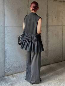 FRIFUL Women's Black Mesh Splice Blazer, Elegant Professional Office Wear Casual,Ruffle Business Attire - Grey - View 5