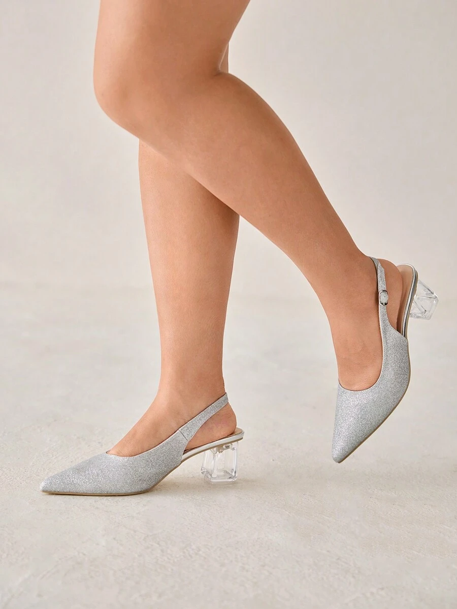 CUCCOO CURVES Women's Fashion Crystal Heel Glitter Silver Ladies High Heel Backless Pumps, Suitable For Going Out, Banquet, Party And Other Events - Metallic Silver - View 1