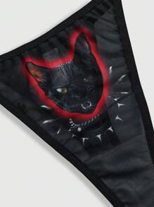 ROMWE Grunge Punk Gothic Punk Style Cat Print Mesh Thong Panties - Multicolor - View 4