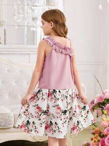 SHEIN Tween Girls Casual Ruffled Multi-Layer Oblique Shoulder Cropped Top And Floral Print A-Line Skirt 2 Pieces Set, Sweet Princess Style, Suitable For Spring Outing, Flower Girl Dress - Pink - View 4