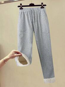 SHEIN LUNE 大码纯色前系带口袋休闲裤，日常穿着 - 灰色 - 查看 1