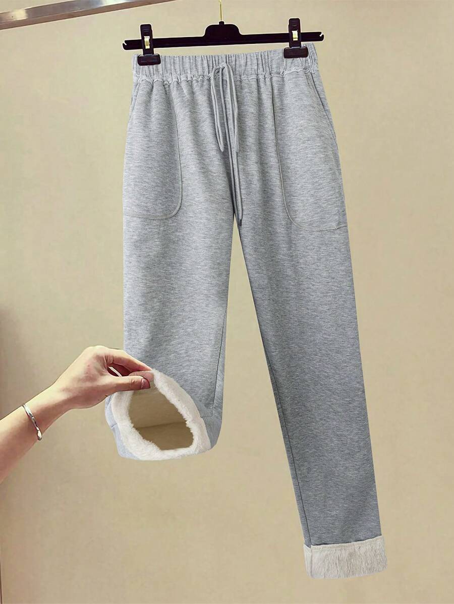 SHEIN LUNE 大码纯色前系带口袋休闲裤，日常穿着 - 灰色 - 查看 1