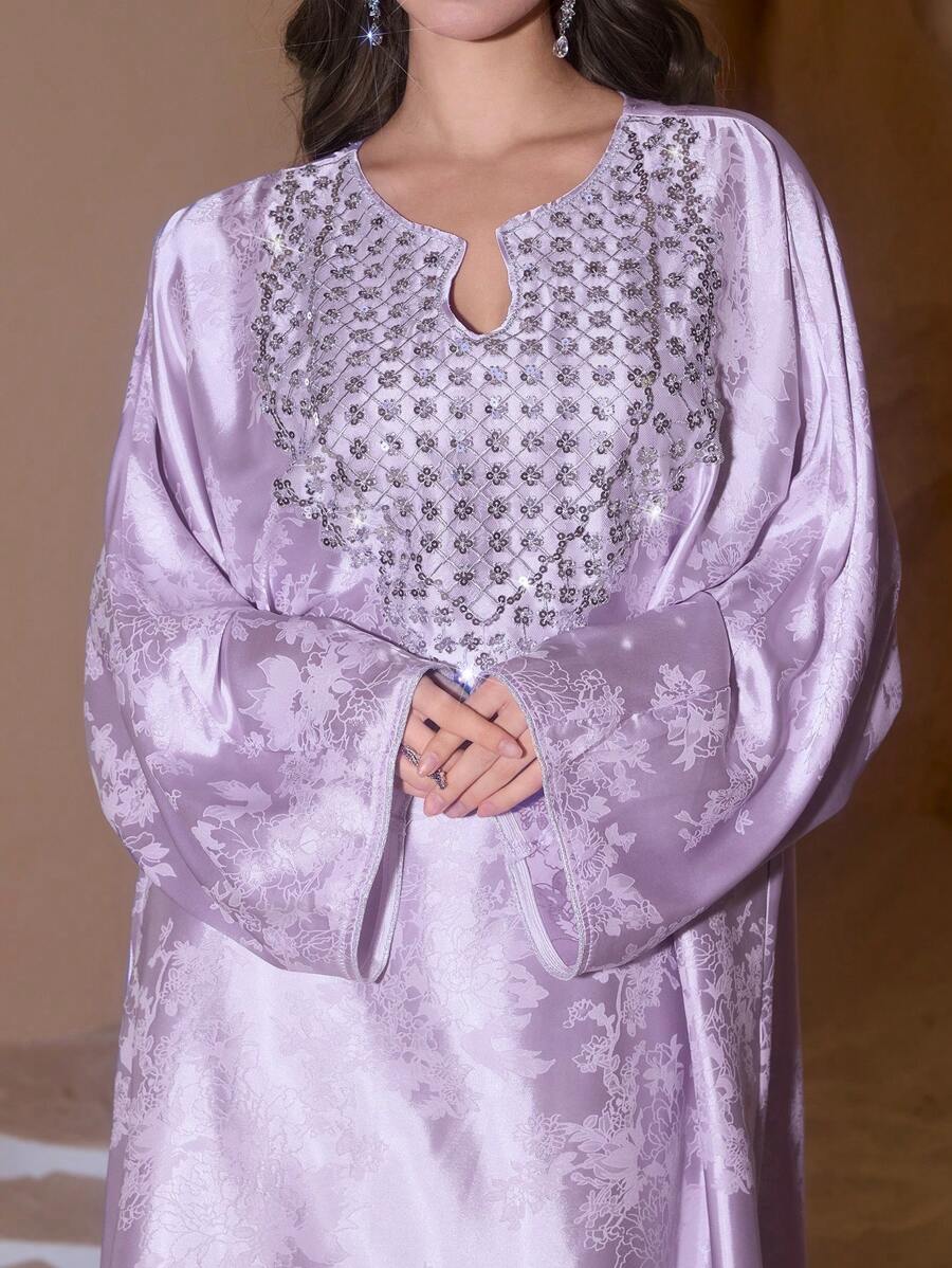 Layrah 定制亮片绣花领提花面料年轻时尚奢华女装、卡夫坦和贾拉比亚、女士奢华晚礼服、端庄 - 淡紫色 - 查看 1