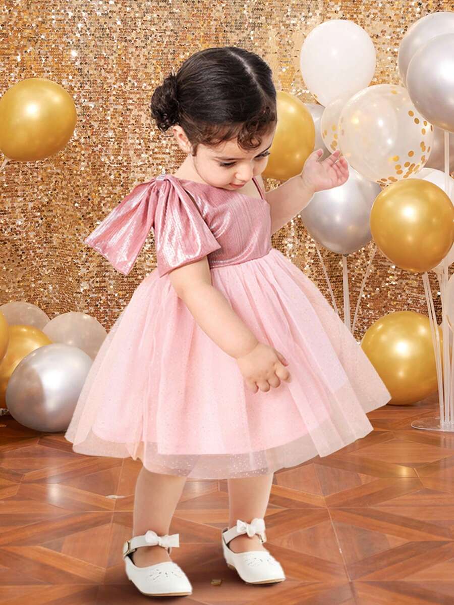 SHEIN Fern Glow  Babygirl Cute Elegant Pink Mesh Bow Sleeveless Dress, Spring/Summer