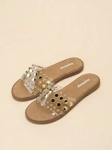 Styleloop New Women Outdoor Casual Flat Sandals, Square Toe Crystal Embellished, Comfortable Party/Commute, Summer, Thick Sole Non-Slip Sandals - Clear - View 7