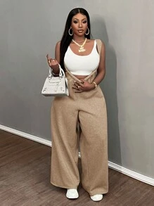 Slaydiva Plus Size Khaki Solid Color Elastic Waist Wide Leg Casual Palazzo Pants,Flowy Pants