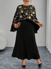 Modelyn Plus Size Foil Print Scarf & Solid Color Midi Skirt 2 Pieces Set Fall Cloth For Women