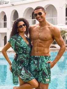 Manfinity VDAYZ Pantalones cortos de playa con cordones y bolsillos con estampado completo para hombres, shorts de baño informales y de vacaciones para parejas, novio, de estilo hawaiano