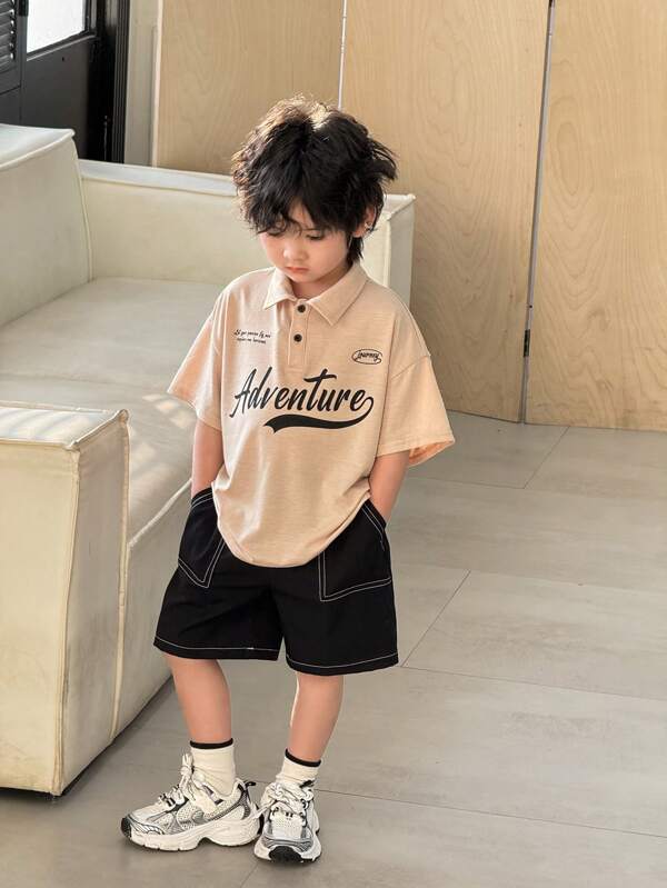 SHEIN طقم بولو قصير الأكمام وشورت بتفاصيل جيوب للأولاد، منط الكوري الكلاسيكي المريح اليومي، بطباعة حرفية، مناسب للربيع/الصيف، الارتداء اليومي، الرياضة، الخروج، المدرسة، الحفلات، المناسبات، التصوير، العودة للمدرسة