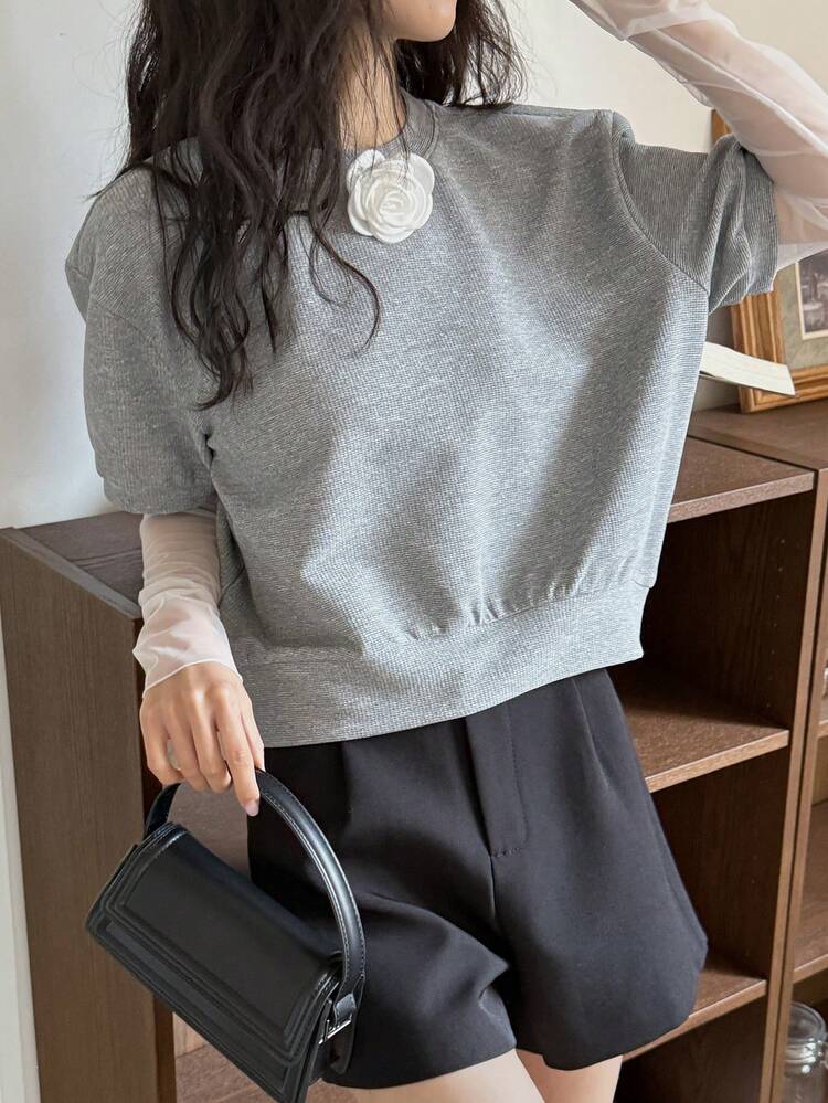 Women's Fashion Sheer Mesh Rose Floral Decor 2 In 1 Summer T-Shirt Long Sleeve Women Tops,Fall Women Clothes