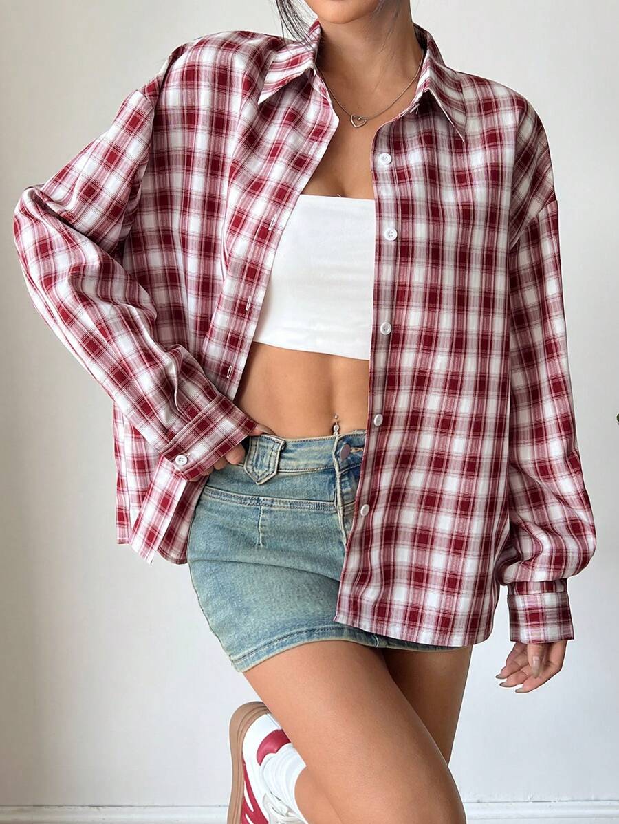 Flirla Women's Red & White Plaid Button-Down Shirt - Casual Checkered Top Fall Cloth For Women