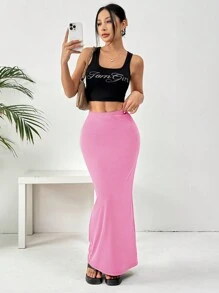 SHEIN EZwear Saia Preta de Malha Justas até o Joelho Feminina - Rosa chiclete - Visão 5