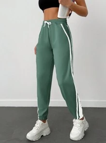 EURMUSE 95% Cotton Contrast Side Seam Drawstring Waist Sweatpants - Green - View 3