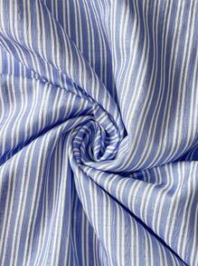 Calvaya Plus Size Women Blue Striped V-Neck Casual Belted Mini Long Sleeve Dress - Blue - View 6