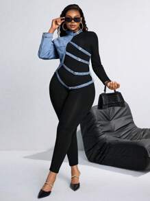 SHEIN CURVE+ Plus Size Women's Asymmetrical Button-Up Denim Jacket, Fashion Casual Outerwear - Blue - View 5