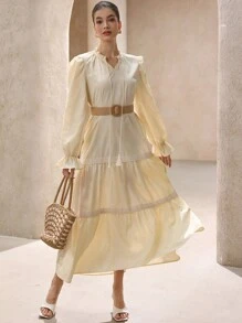 Chiquease Elegant Vacation Bohemian Fashion Lace Patchwork Tie Up Waist Belt Design Long Sleeve Dress For Women  Old Money Style For Spring Fall - Apricot - View 6