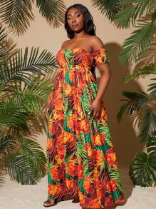 SHEIN SXY Vestido largo casual con estampado floral, manga corta, hombros descubiertos y bajo dividido, tallas grandes