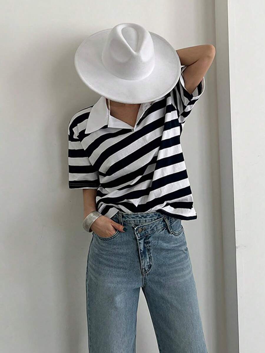 DAZY Women's Colorblock Striped Oversized Short Sleeve T-Shirt With Turndown Collar, Black & White, Spring/Summer, College Stripes