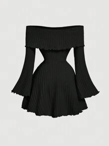 SHEIN MOD 黑色露肩甜美喇叭袖针织荷叶边下摆连衣裙、派对女士连衣裙、优雅女士连衣裙、节日连衣裙、露肩连衣裙、新年连衣裙、拍照连衣裙、冬装 - 黑色 - 查看 2