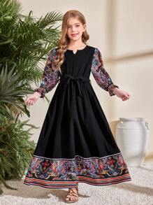 SHEIN Tween Girl Retro Print Puff Sleeve A-Line Long Dress - Black - View 6