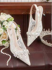 CUCCOO HITCHD 女士酒红色闪亮蝴蝶结尖头踝带高跟鞋，时尚派对、婚礼、伴娘、场合、通勤、约会、节日春假复活节舞会高跟鞋 - 白色 - 查看 3