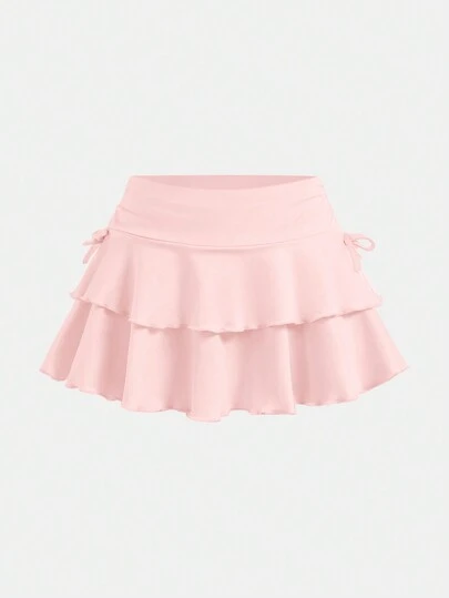 SHEIN Girlism Falda plisada de unicolor de tejido de punto con cintura de cordón para niñas preadolescentes