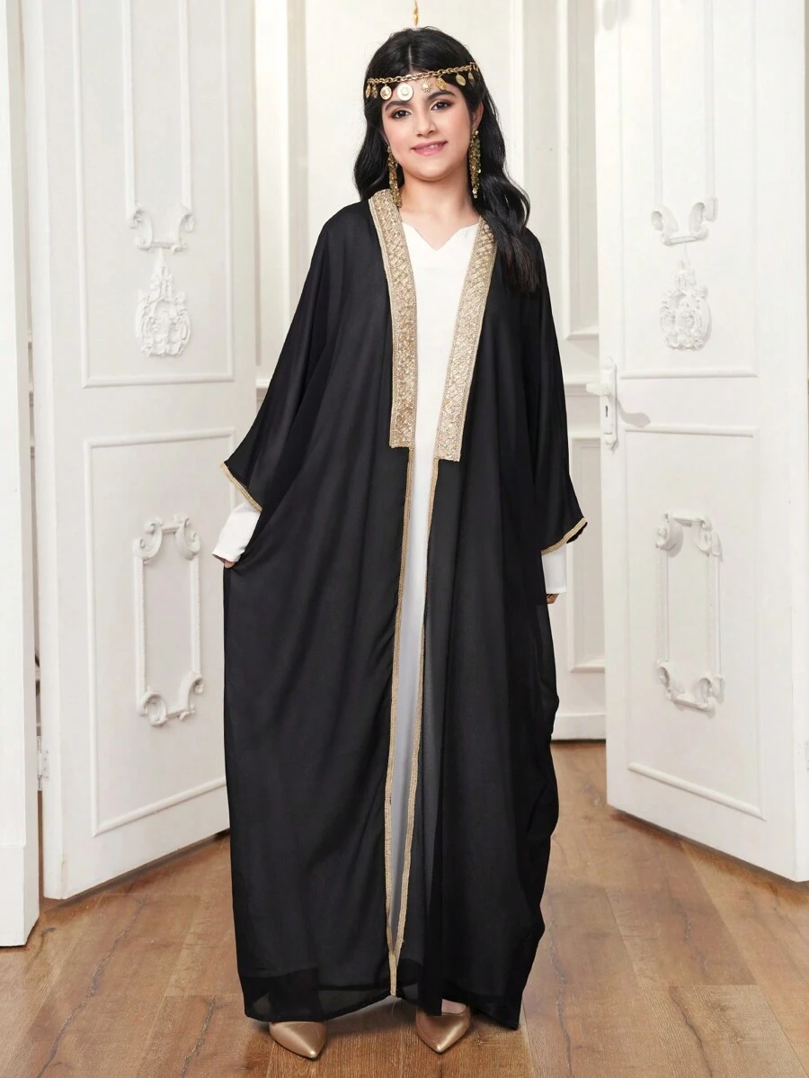 2pcs Teen Girls Set: Patchwork Ribbon Long Robe And Tank Dress