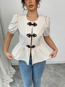 SHEIN Unity Buttoned Design Women Shirt, Puff Sleeve Crop Blouse, Apricot Color Chinese Style Women Shirt - Apricot - View 6