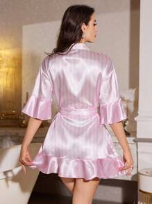 LuxeNights Elegant & Romantic Striped Pattern Ruffle Hem Women's Sleepwear Luxe Loungewear - Pink - View 2