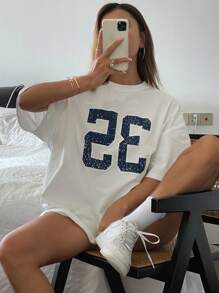 DAZY 女士字母印花圆领休闲宽松短袖 T 恤超大码 T 恤、图案 T 恤 - 白色 - 查看 3