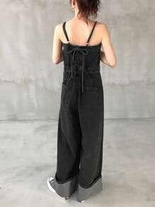FRIFUL Damen Lässig Jeans-Latzhose mit verstellbaren Spaghettiträgern, Knopfleiste und Taschen - Grau - Übersicht 8