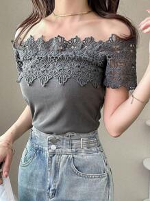 FRIFUL Áo thun nữ hở vai màu xám bó sát, mùa hè, áo trễ vai - Xám - Xem 3