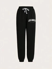 SHEIN Essnce 女式前系带口袋字母印花休闲运动裤 - 藏蓝色 - 查看 6