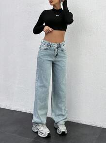 EURMUSE HIGH RISE STRAIGHT RIPPED HEM WOMEN JEAN - Medium Wash - View 4