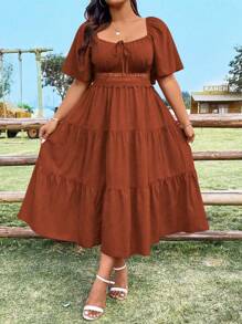 Sunnyshic Robe ample pour femmes avec col carré à encolure en forme de cœur de poulet, manches à volants, patchwork, coupe évasée, style vintage, décontracté, mignon et élégant. Robe d'été petite taille
