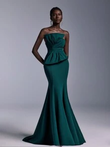 Elitara Elegant Formal Gown With Oversized Bow Decor And Mermaid Hem, Floor-Length Evening Dress, Prom Dress, For Wedding Guest, Graduation, Dinner Party Dress - Dark Green - View 1