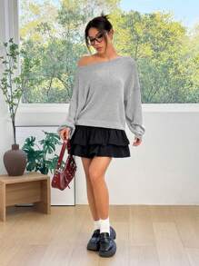 SHEIN EZwear Sweater Lengan Panjang Longgar Bahu Miring Wanita, Pakaian Kasual Sehari-hari - Grey - View 4