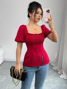 Elenzga 女士休闲时尚优雅泡泡袖衬衫 - 酒紅色 - 查看 3