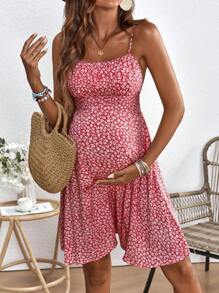 SHEIN Maternity Spaghetti Strap All-Over Print Casual Mini Dress - Red - View 5