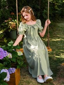 SHEIN Tween Girls Ruffled Sleeve Waist Cinched Dress, Elegant Party Vacation Dress, Princess Formal Wear, Flower Girl Dress, Suitable For Wedding Season, Floral Decor, No Traditional Patternholiday,Summer,Travel,Getaway - Green - View 5