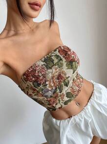 SHEIN PETITE Floral Print Backless Crossed Bandeau Top Y2K - Khaki - View 6